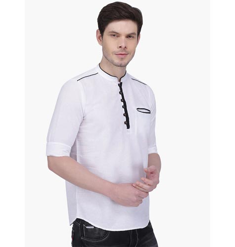 Curved Hem Linen Kurta with Pocket Detail